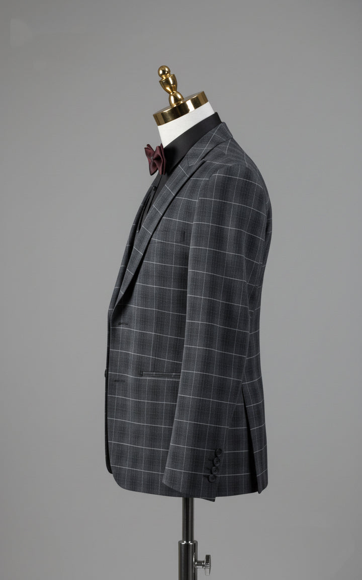 Vintage-Inspired Custom Made Grey Checkered Wedding Suit – Three-Piece Mens Formal Wear Plus Size