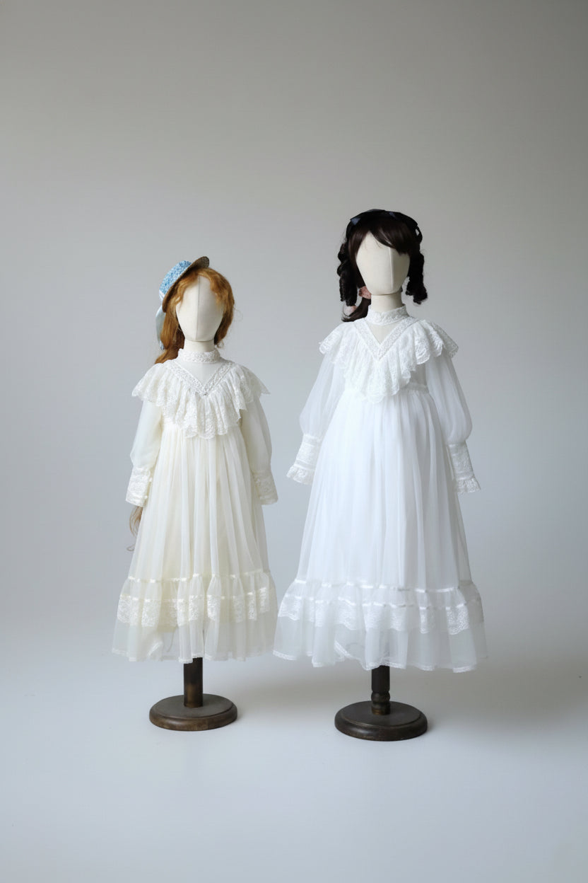 Victorian Lace Cream Gunne Sax Inspired Girl Dress - Children’s Dress with Puff Sleeves and Tiered Hem Plus Size