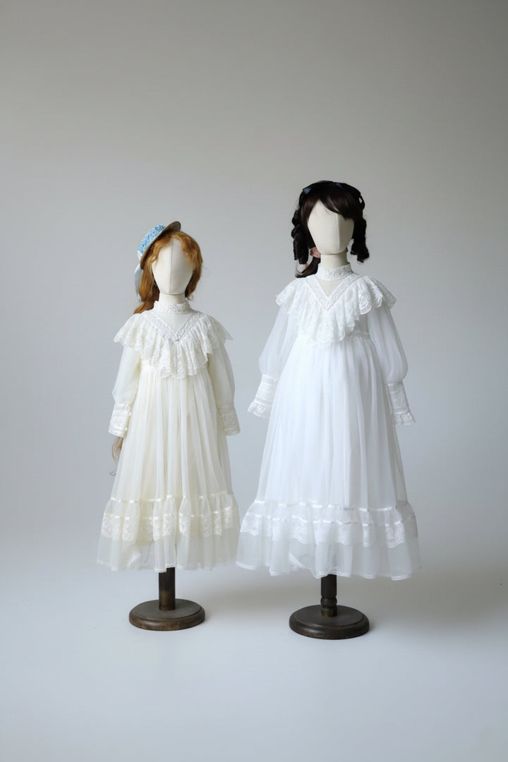Victorian Lace Cream Gunne Sax Inspired Girl Dress - Children’s Dress with Puff Sleeves and Tiered Hem Plus Size