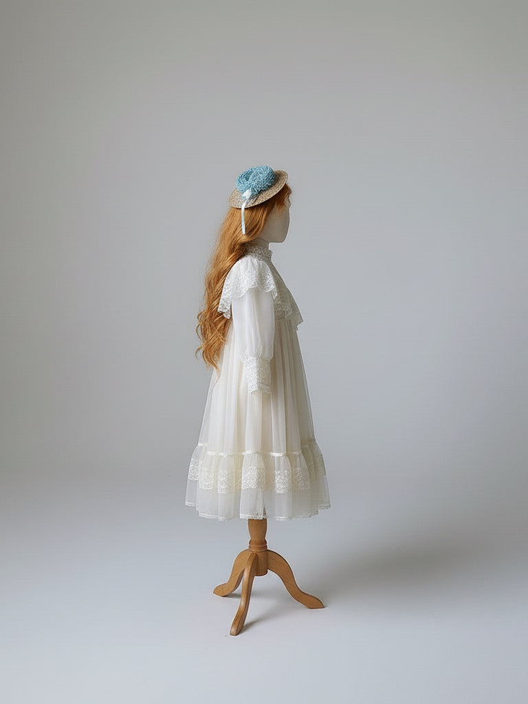 Victorian Lace Cream Gunne Sax Inspired Girl Dress - Children’s Dress with Puff Sleeves and Tiered Hem Plus Size