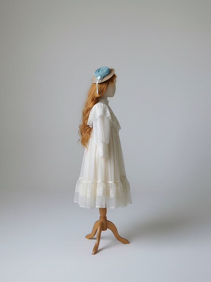 Victorian Lace Cream Gunne Sax Inspired Girl Dress - Children’s Dress with Puff Sleeves and Tiered Hem Plus Size