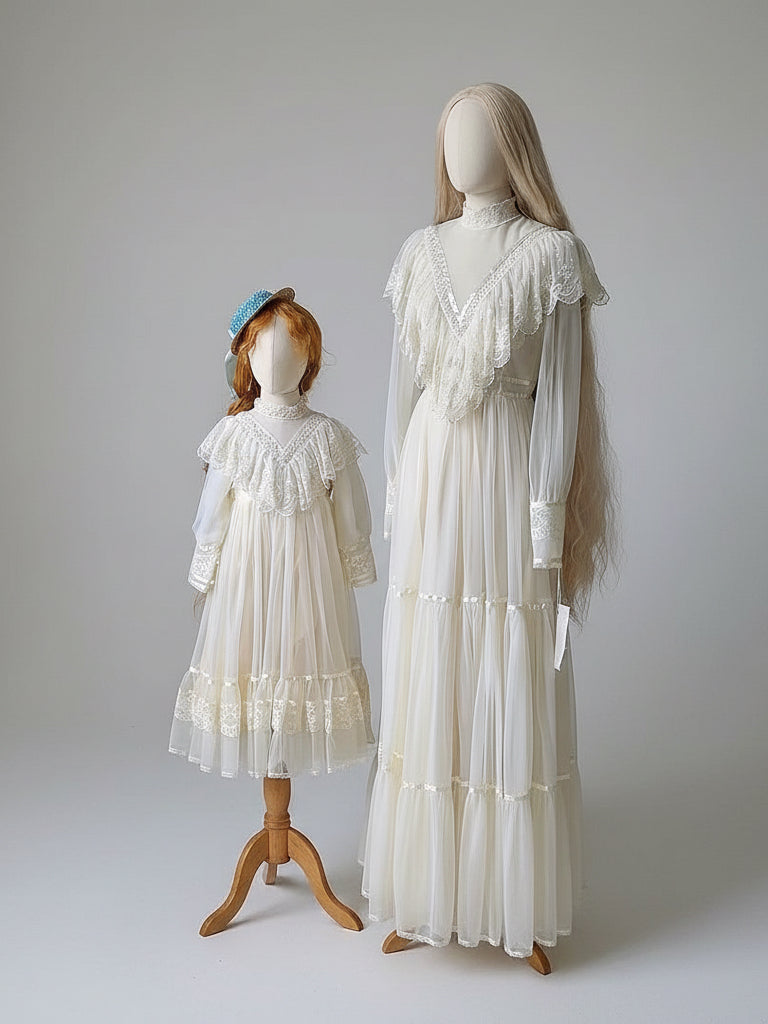 Victorian Lace Cream Gunne Sax Inspired Girl Dress - Children’s Dress with Puff Sleeves and Tiered Hem Plus Size