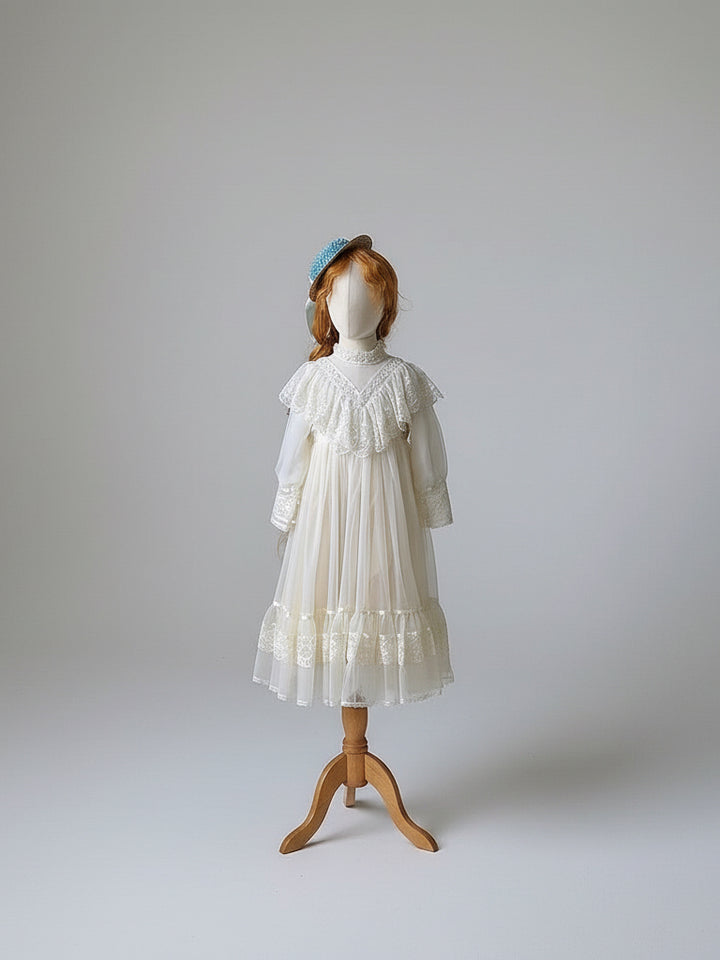 Victorian Lace Cream Gunne Sax Inspired Girl Dress - Children’s Dress with Puff Sleeves and Tiered Hem Plus Size