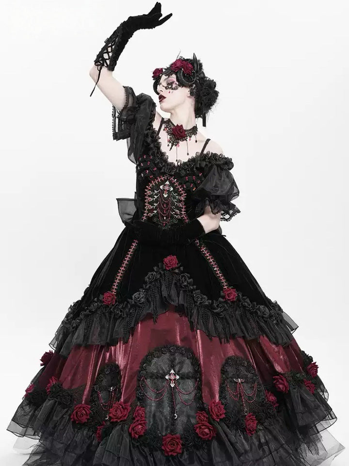 Victorian-Inspired Black Gothic Lolita Ball Gown with Burgundy Satin and Edwardian Lace – Gothic Evening Dress Plus Size