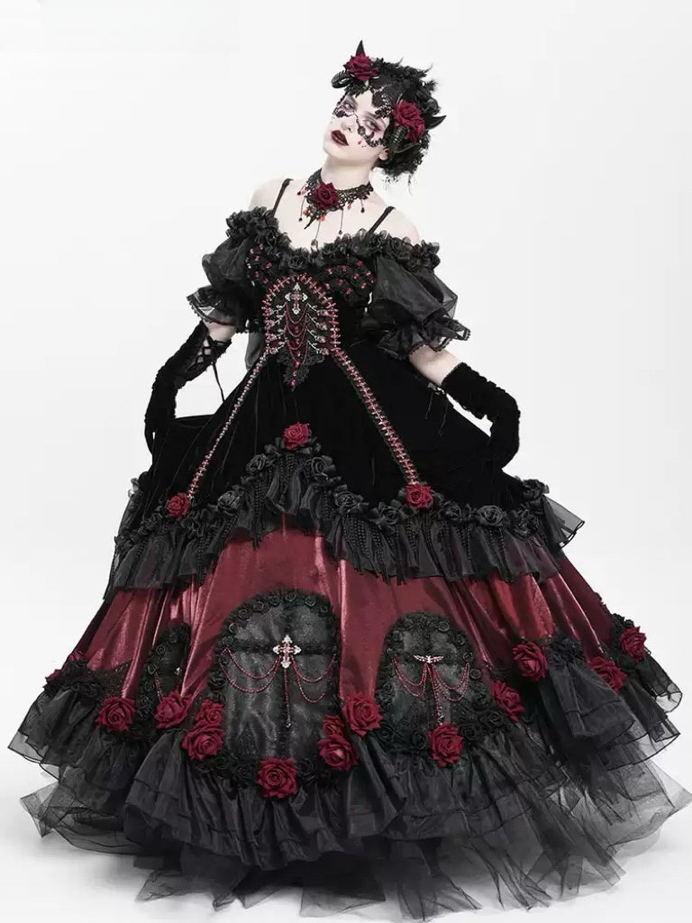 Victorian-Inspired Black Gothic Lolita Ball Gown with Burgundy Satin and Edwardian Lace – Gothic Evening Dress Plus Size