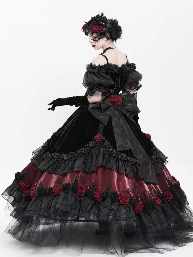 Victorian-Inspired Black Gothic Lolita Ball Gown with Burgundy Satin and Edwardian Lace – Gothic Evening Dress Plus Size
