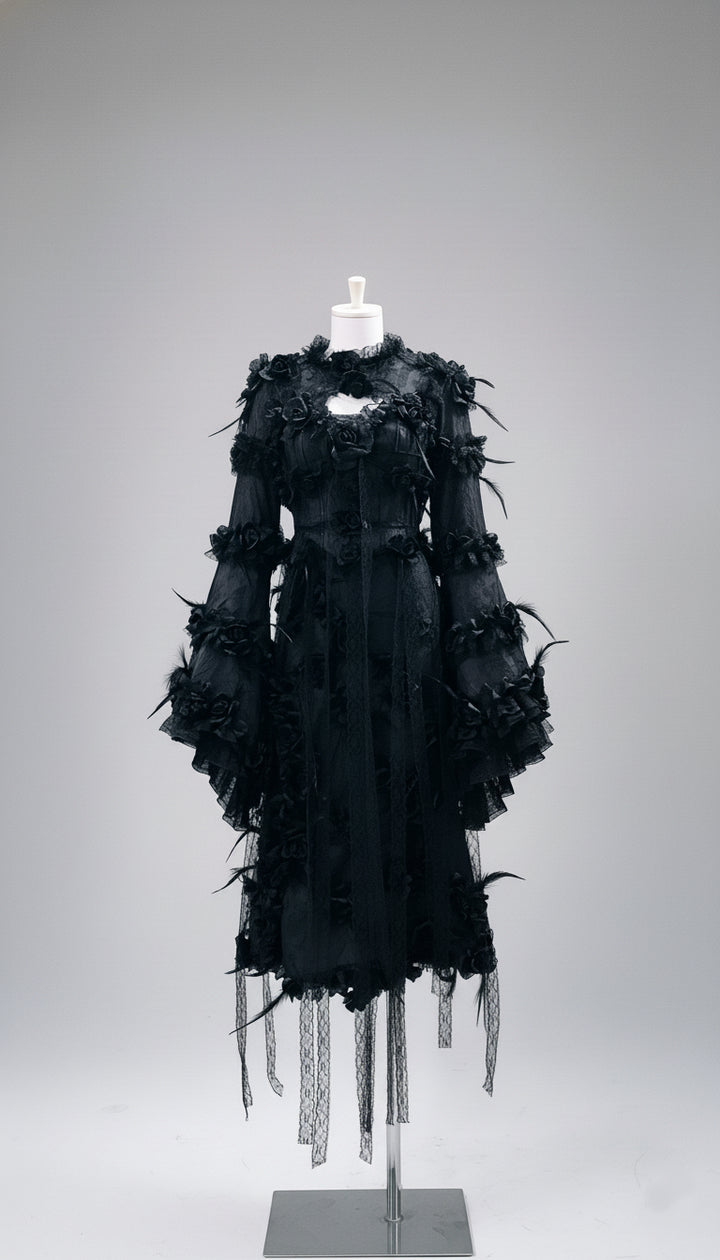 Victorian-Inspired Gothic Black Lace Dress with Rose Appliqué and Bell Sleeves – Gothic Lace Evening Gown Plus Size