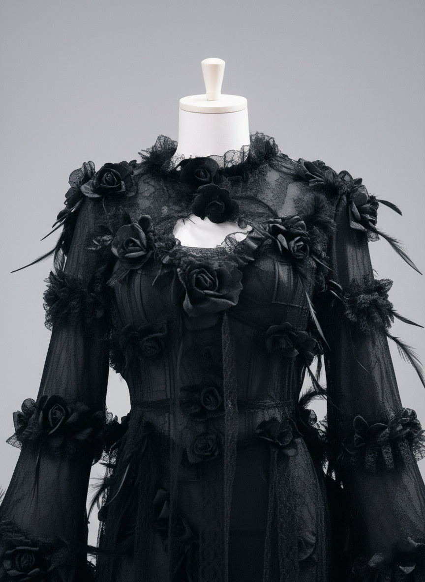 Victorian-Inspired Gothic Black Lace Dress with Rose Appliqué and Bell Sleeves – Gothic Lace Evening Gown Plus Size