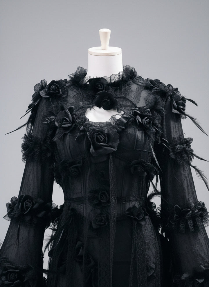 Victorian-Inspired Gothic Black Lace Dress with Rose Appliqué and Bell Sleeves – Gothic Lace Evening Gown Plus Size