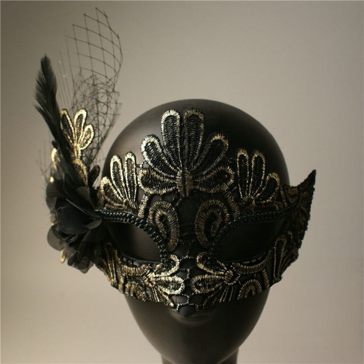 Handmade Gothic Gold Black Lace Masquerade Mask Designs with Feather and Flower