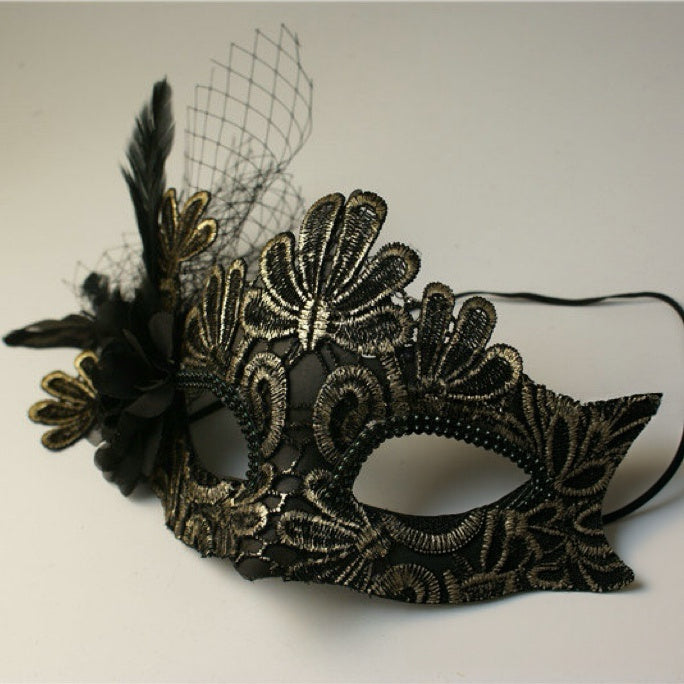 Handmade Gothic Gold Black Lace Masquerade Mask Designs with Feather and Flower