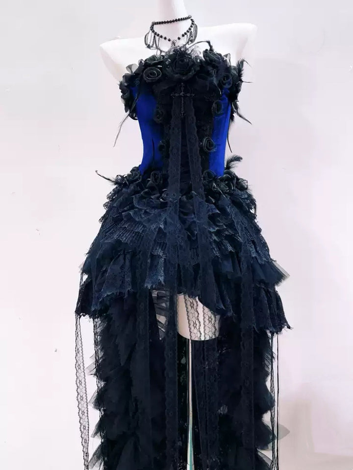 Victorian-Inspired Gothic Strapless High-Low Dress in Blue Velvet with Black Lace Ruffles – Gothic Evening Dress Plus Size