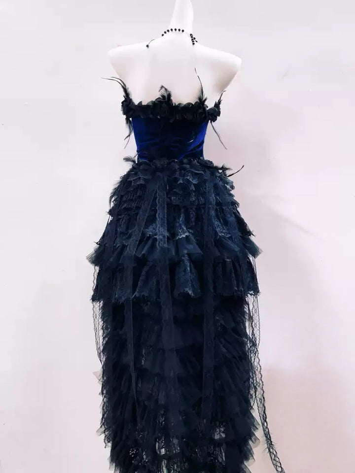 Victorian-Inspired Gothic Strapless High-Low Dress in Blue Velvet with Black Lace Ruffles – Gothic Evening Dress Plus Size