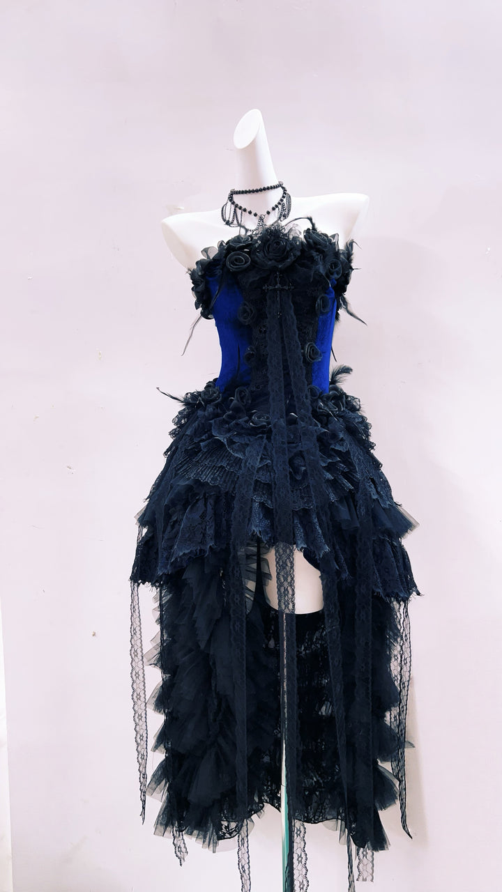 Victorian-Inspired Gothic Strapless High-Low Dress in Blue Velvet with Black Lace Ruffles – Gothic Evening Dress Plus Size