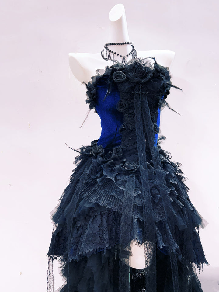 Victorian-Inspired Gothic Strapless High-Low Dress in Blue Velvet with Black Lace Ruffles – Gothic Evening Dress Plus Size
