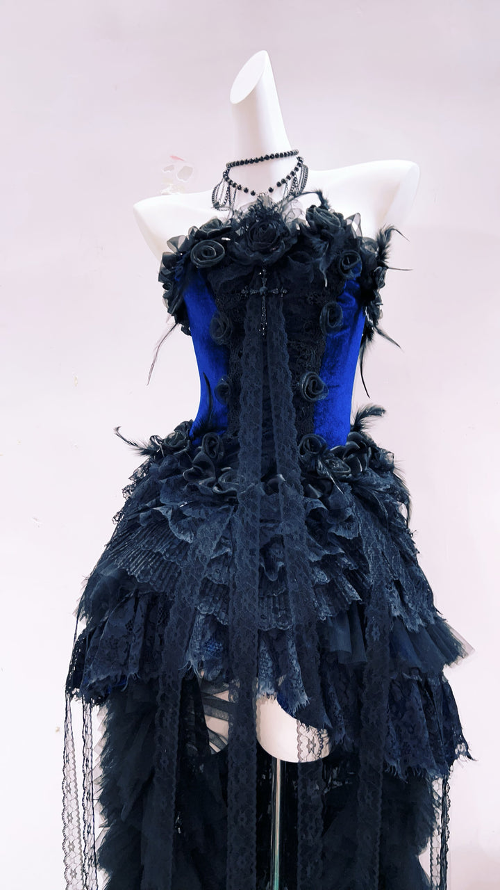 Victorian-Inspired Gothic Strapless High-Low Dress in Blue Velvet with Black Lace Ruffles – Gothic Evening Dress Plus Size