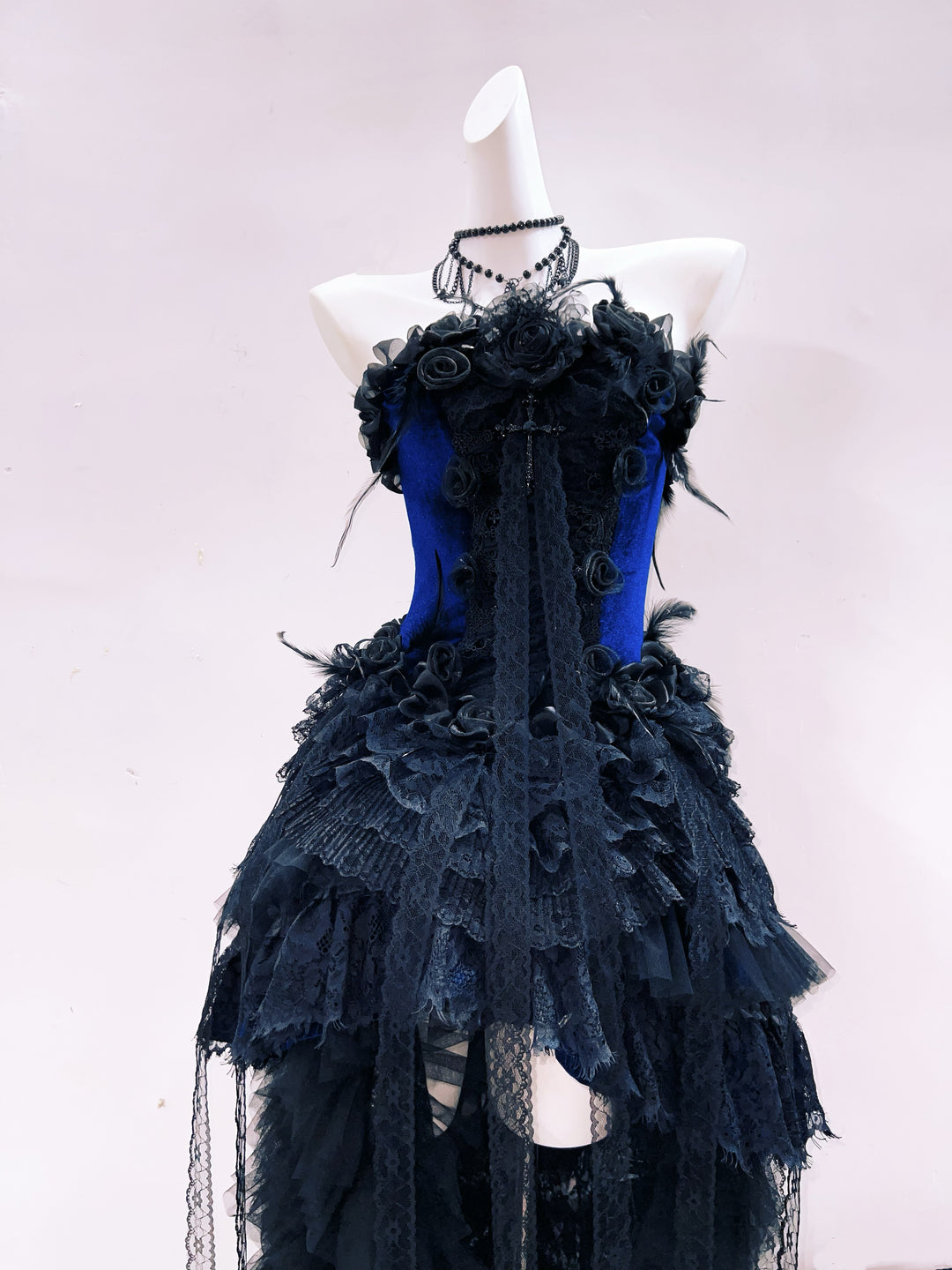 Victorian-Inspired Gothic Strapless High-Low Dress in Blue Velvet with Black Lace Ruffles – Gothic Evening Dress Plus Size