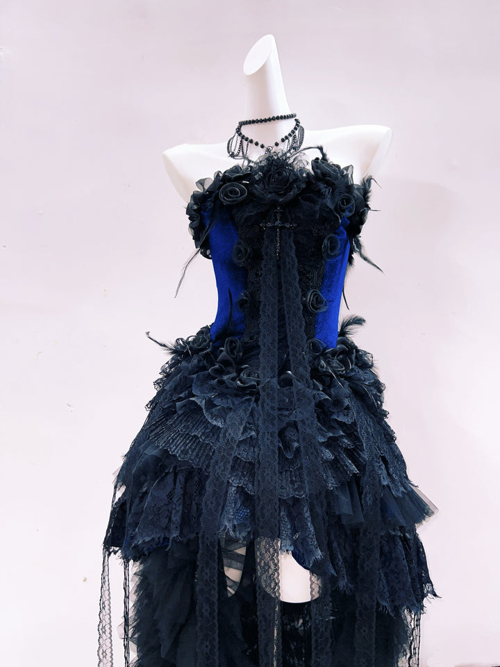 Victorian-Inspired Gothic Strapless High-Low Dress in Blue Velvet with Black Lace Ruffles – Gothic Evening Dress Plus Size