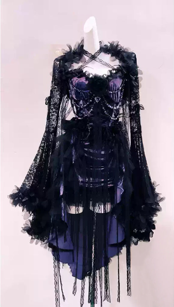 Victorian-Inspired Gothic Purple and Black Lace Corset Dress with High-Low Skirt – Gothic Prom Dress with Long Sleeves Plus Size