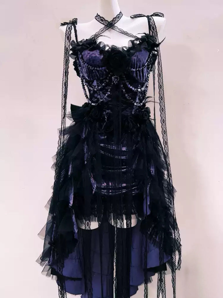 Victorian-Inspired Gothic Purple and Black Lace Corset Dress with High-Low Skirt – Gothic Prom Dress with Long Sleeves Plus Size