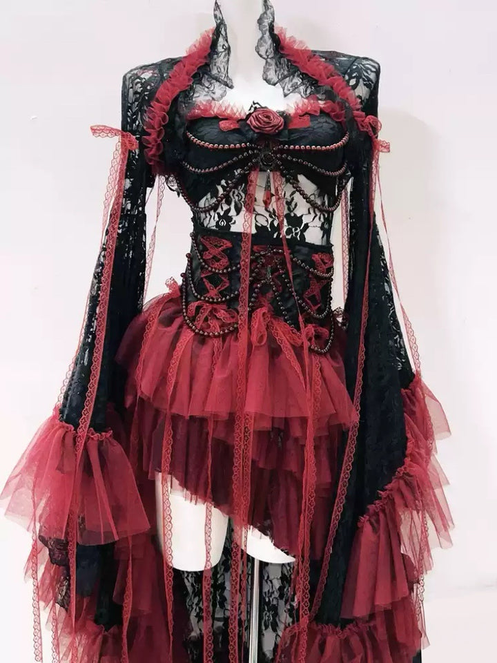Victorian Gothic Black and Burgundy Lace Corset Dress with Layered Tulle Skirt – Gothic Corset Dress  with Long Sleeves Plus Size