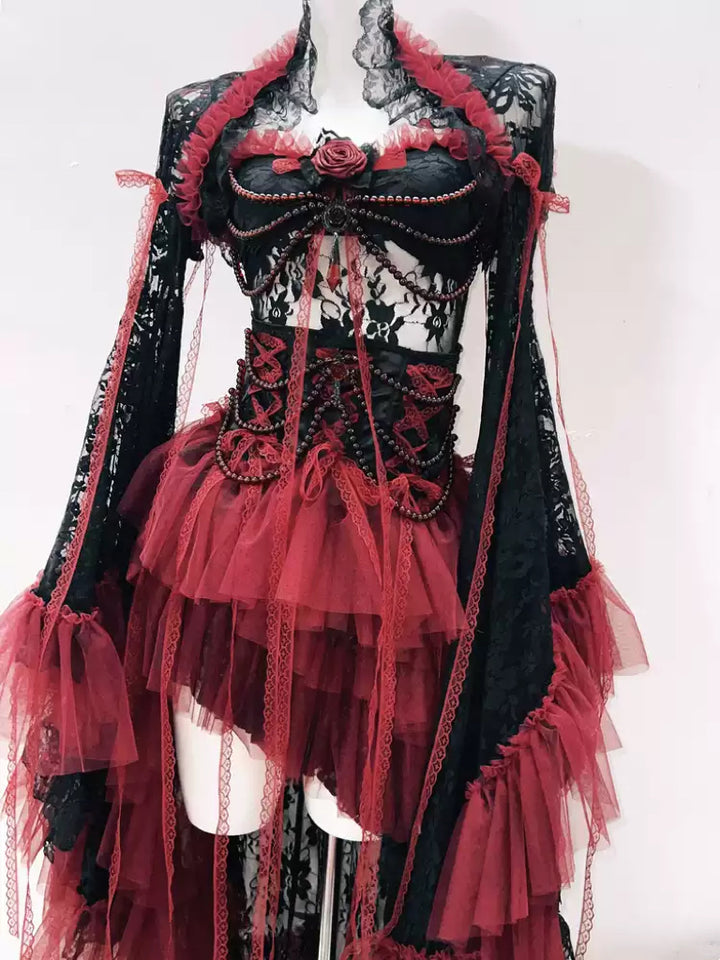 Victorian Gothic Black and Burgundy Lace Corset Dress with Layered Tulle Skirt – Gothic Corset Dress  with Long Sleeves Plus Size