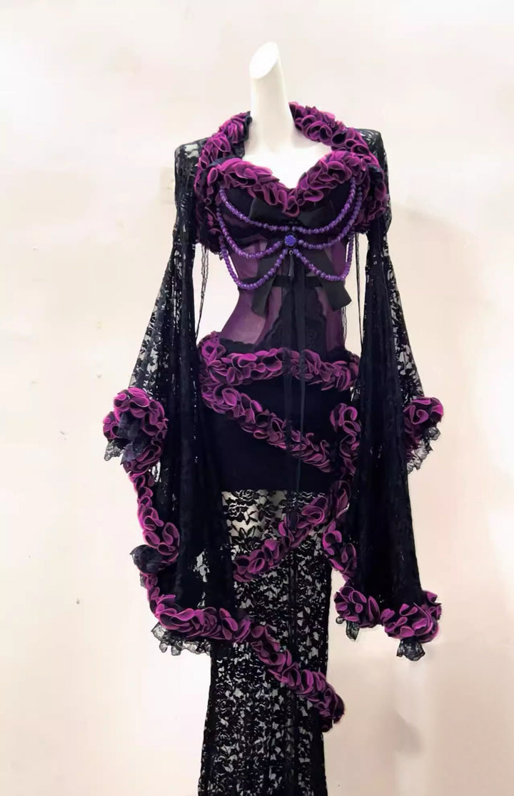 Victorian-Inspired Gothic Black and Purple Lace Corset Dress with Sheer Mermaid Skirt – Black Sexy Dress Plus Size