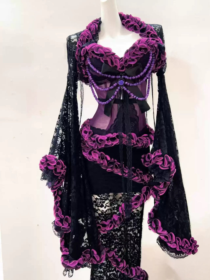 Victorian-Inspired Gothic Black and Purple Lace Corset Dress with Sheer Mermaid Skirt – Black Sexy Dress Plus Size