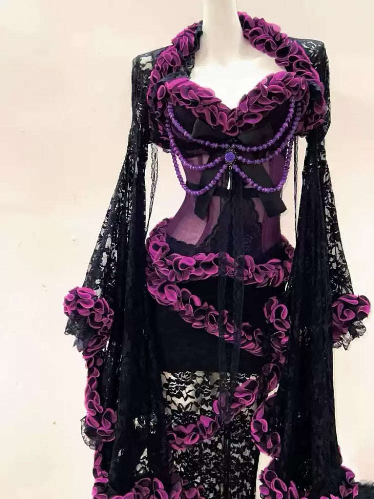 Victorian-Inspired Gothic Black and Purple Lace Corset Dress with Sheer Mermaid Skirt – Black Sexy Dress Plus Size