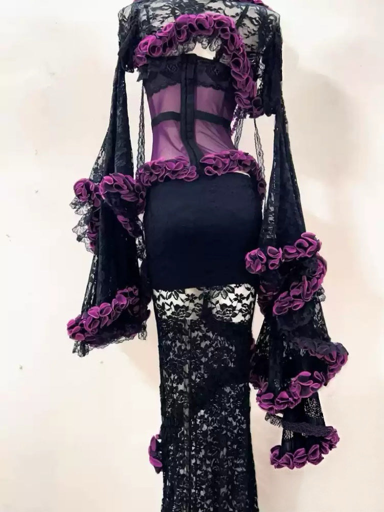 Victorian-Inspired Gothic Black and Purple Lace Corset Dress with Sheer Mermaid Skirt – Black Sexy Dress Plus Size