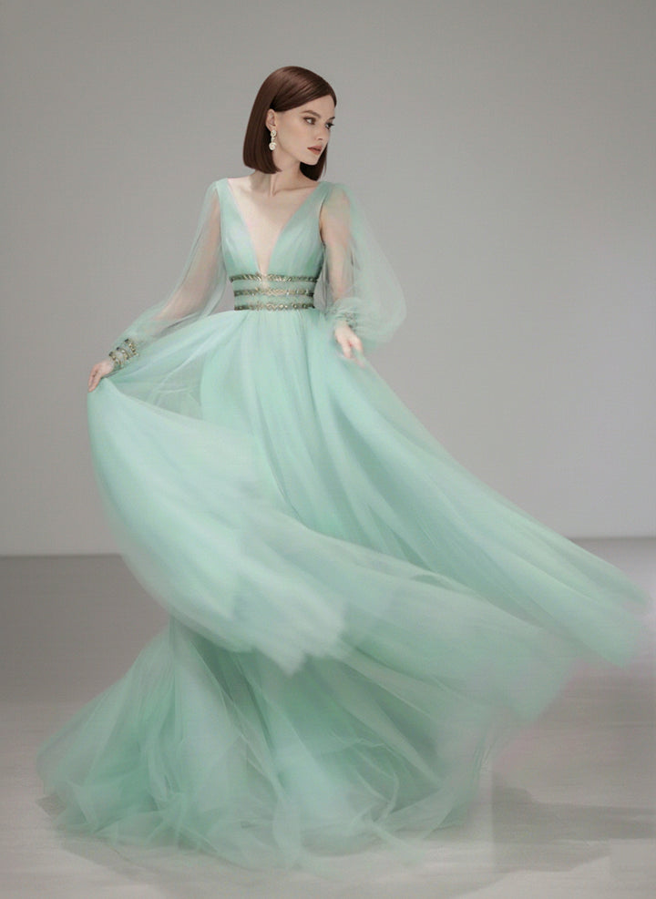 Fairy Sage Green Long Sleeves Evening Dress with V-Neck and Tulle – A-Line Evening Dress with Gold Plus Size