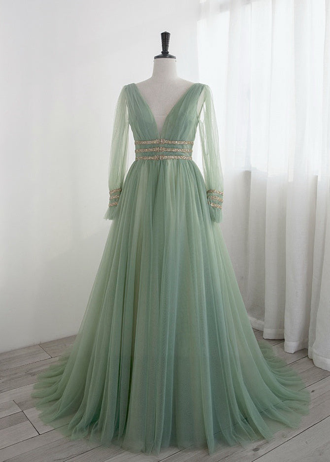 Fairy Sage Green Long Sleeves Evening Dress with V-Neck and Tulle – A-Line Evening Dress with Gold Plus Size