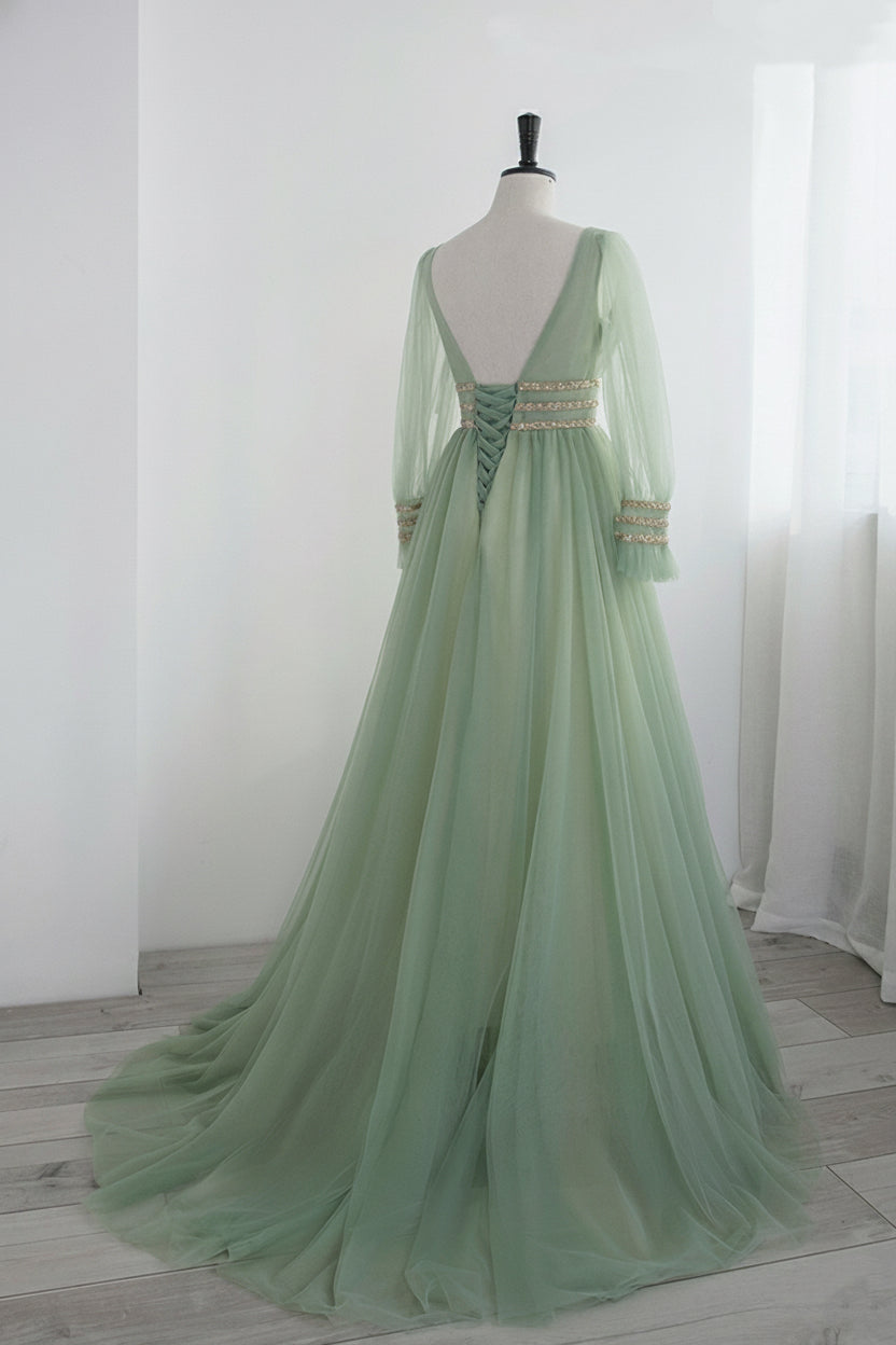 Fairy Sage Green Long Sleeves Evening Dress with V-Neck and Tulle – A-Line Evening Dress with Gold Plus Size