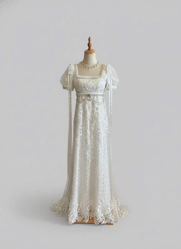 Regency Era White Empire Waist Dress with Puff Sleeves and Lace Overlay – Bridgerton Inspired Gown Plus Size