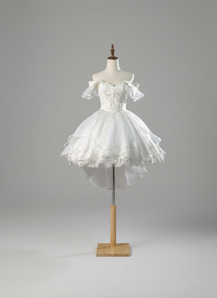 White Lolita Dress with Off-Shoulder - Short Evening Dress with Layered Ruffles – Lace Lolita Dress Plus Size