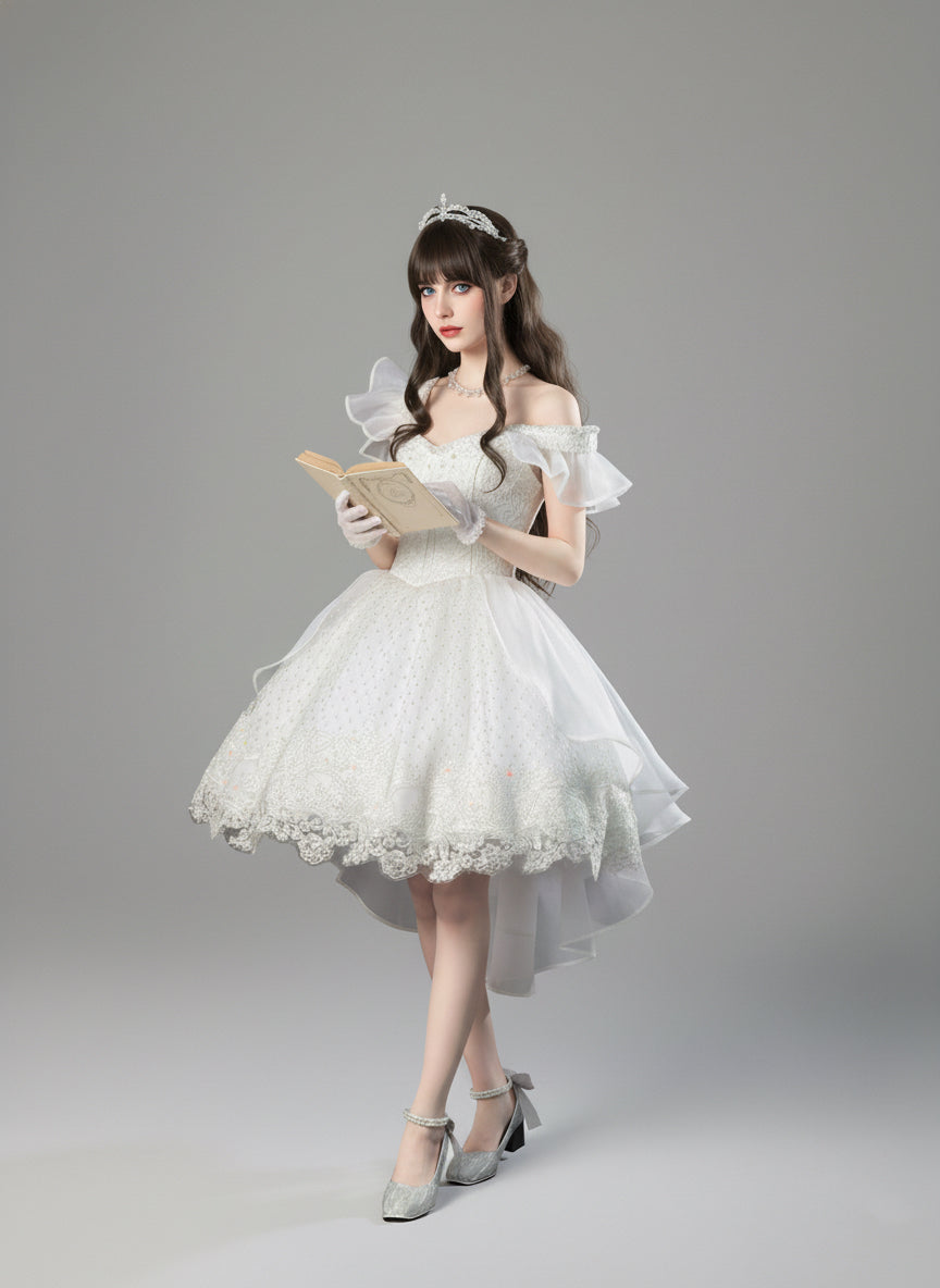 White Lolita Dress with Off-Shoulder - Short Evening Dress with Layered Ruffles – Lace Lolita Dress Plus Size
