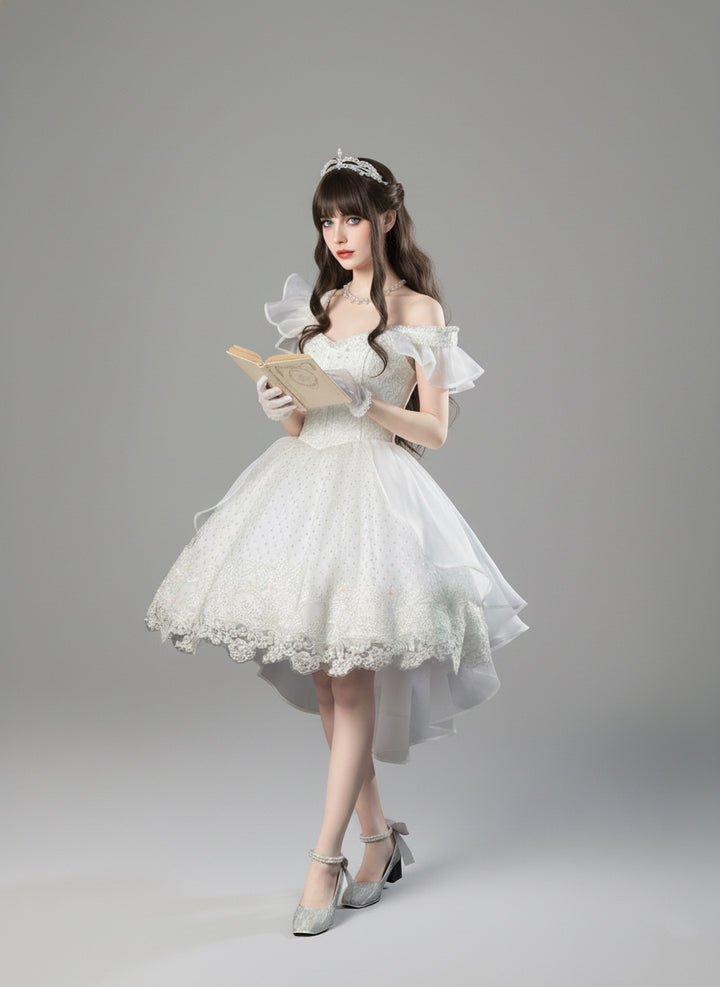 White Lolita Dress with Off-Shoulder - Short Evening Dress with Layered Ruffles – Lace Lolita Dress Plus Size