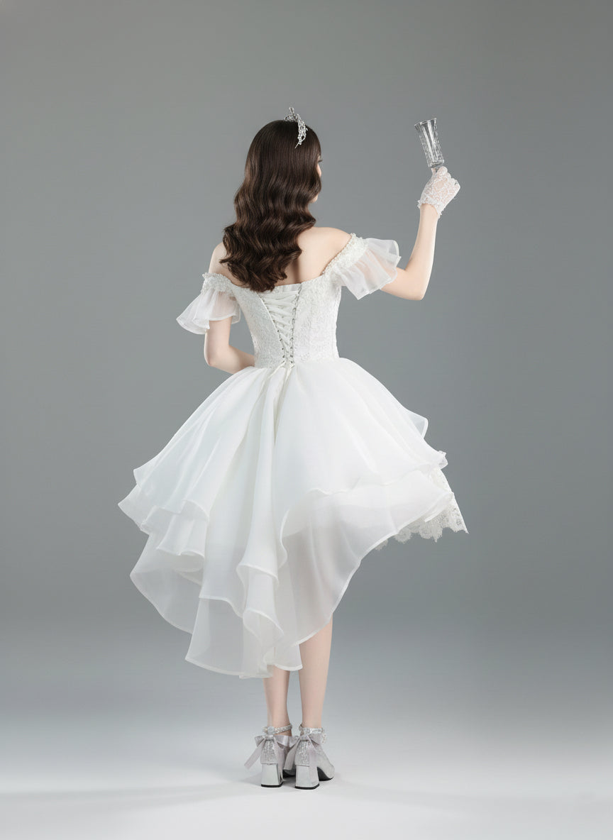 White Lolita Dress with Off-Shoulder - Short Evening Dress with Layered Ruffles – Lace Lolita Dress Plus Size