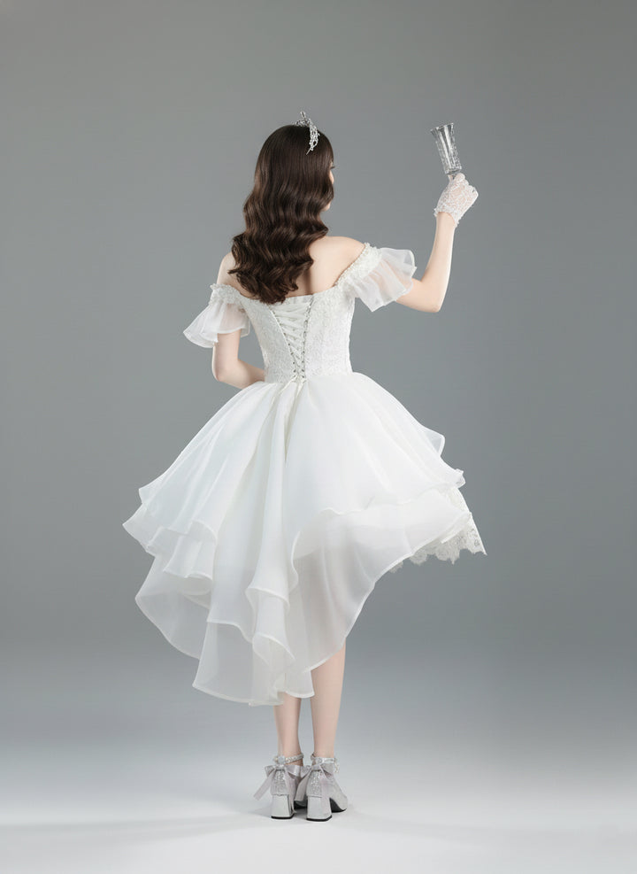 White Lolita Dress with Off-Shoulder - Short Evening Dress with Layered Ruffles – Lace Lolita Dress Plus Size