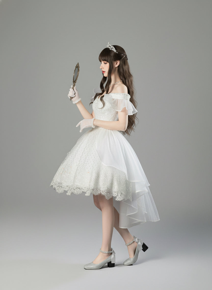 White Lolita Dress with Off-Shoulder - Short Evening Dress with Layered Ruffles – Lace Lolita Dress Plus Size