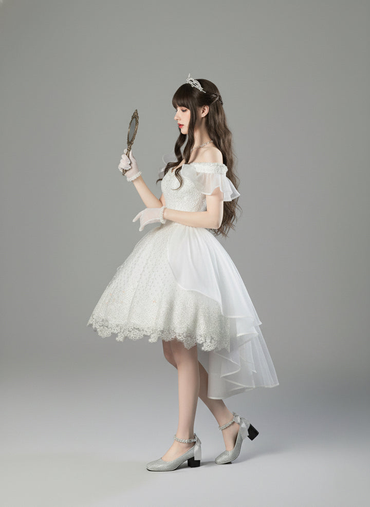 White Lolita Dress with Off-Shoulder - Short Evening Dress with Layered Ruffles – Lace Lolita Dress Plus Size