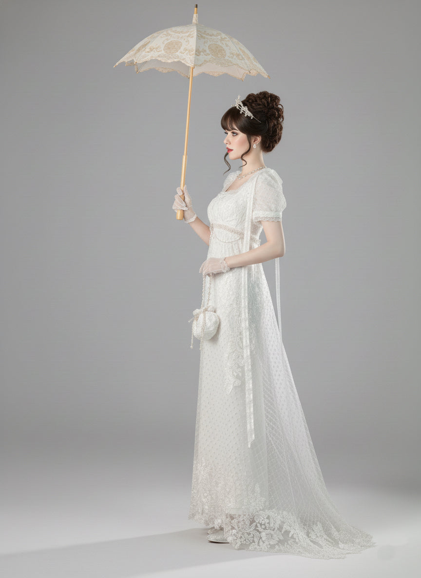 Regency Era White Empire Waist Dress with Puff Sleeves and Lace Overlay – Bridgerton Inspired Gown Plus Size