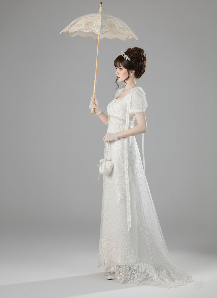 Regency Era White Empire Waist Dress with Puff Sleeves and Lace Overlay – Bridgerton Inspired Gown Plus Size
