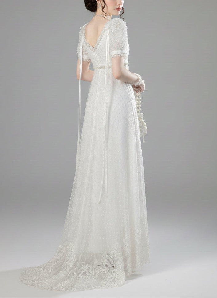 Regency Era White Empire Waist Dress with Puff Sleeves and Lace Overla – WonderlandByLilian Regency Era White Empire Waist Dress with Puff Sleeves and Lace Overla – WonderlandByLilian