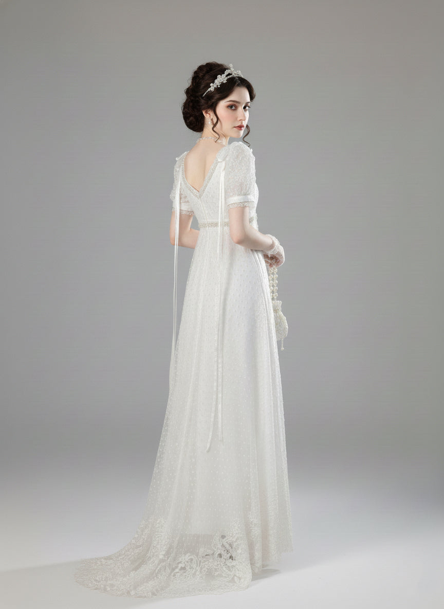 Regency Era White Empire Waist Dress with Puff Sleeves and Lace Overlay – Bridgerton Inspired Gown Plus Size