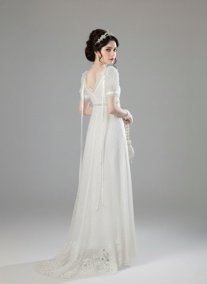 Regency Era White Empire Waist Dress with Puff Sleeves and Lace Overlay – Bridgerton Inspired Gown Plus Size