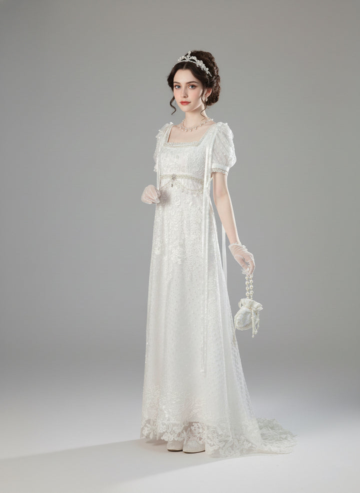 Regency Era White Empire Waist Dress with Puff Sleeves and Lace Overlay – Bridgerton Inspired Gown Plus Size