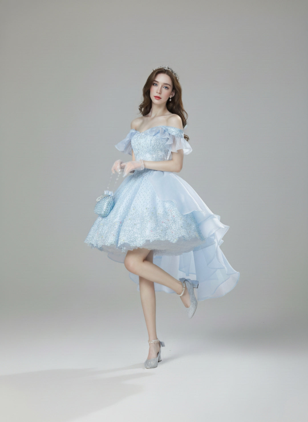 Light Blue Lolita Dress with Off-Shoulder - Short Evening Dress with Layered Ruffles – Lace Lolita Dress Plus Size