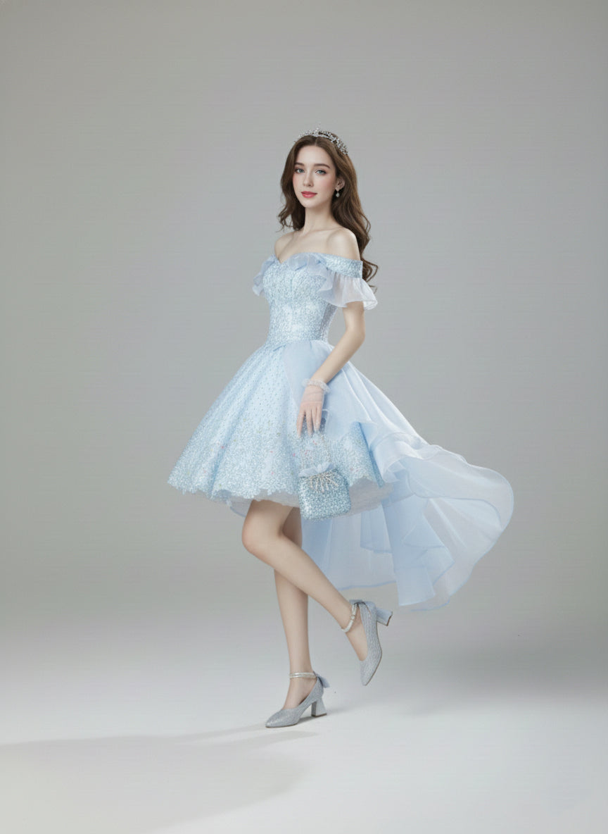 Light Blue Lolita Dress with Off-Shoulder - Short Evening Dress with Layered Ruffles – Lace Lolita Dress Plus Size