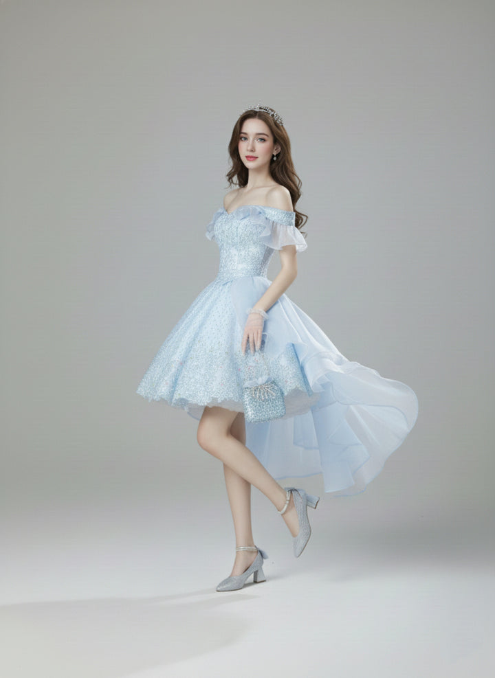 Light Blue Lolita Dress with Off-Shoulder - Short Evening Dress with Layered Ruffles – Lace Lolita Dress Plus Size
